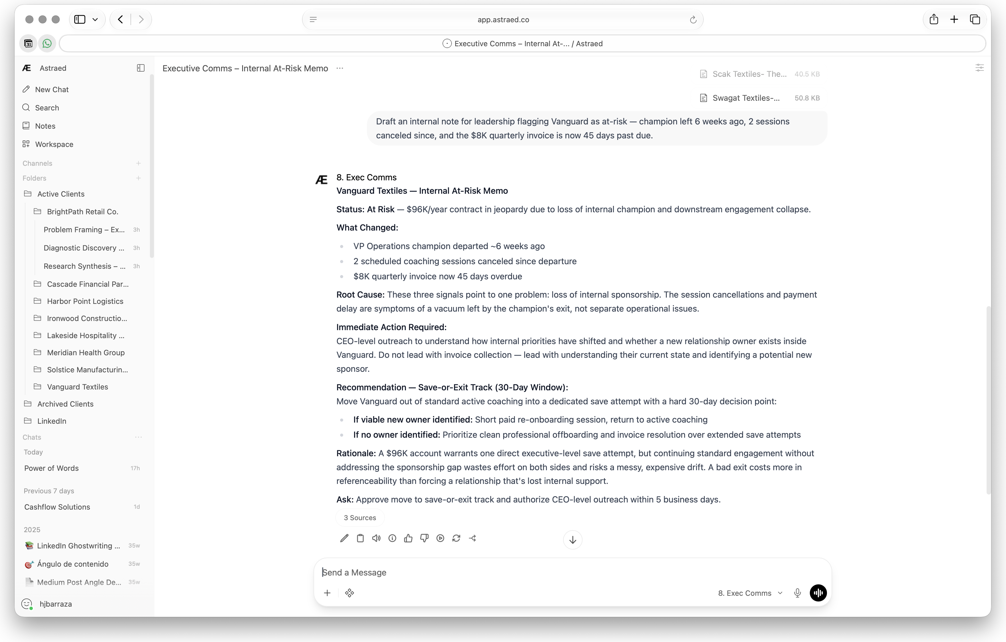 Astraed private AI workspace showing client folders, a grounded response, and cited company sources